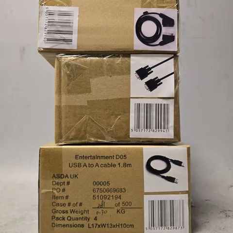 BOX OF APPROXIMATELY 18 BOXES OF 4 ASSORTED CABLES TO INCLUDE - AT VGA CABLE 1.8M , USB A TO USB A CABLE , AT 1.5M SCART CABLE