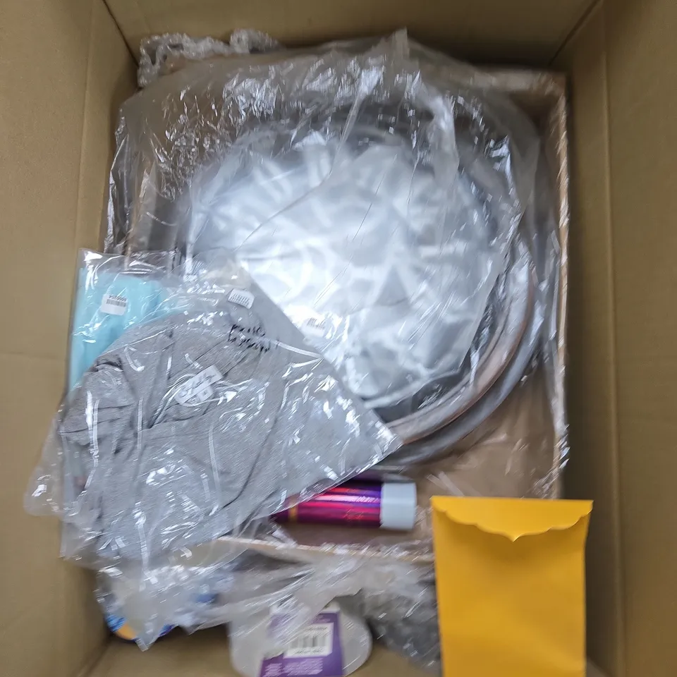 LARGE BOX OF APPROXIMATELY 15 ASSORTED ITEMS TO INCLUDE CLOCK , CLOTHING ITEMS AND INTERIOR DEHUMIDIFIER
