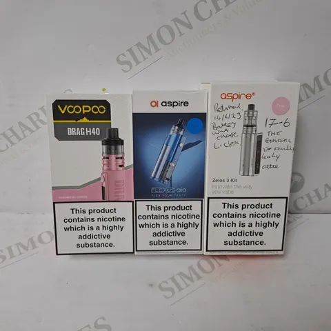 3 ASSORTED VAPE KITS TO INCLUDE VOOPOO DRAG H40, ASPIRE FLEXUS AIO, ASPIRE ZELOS 3 