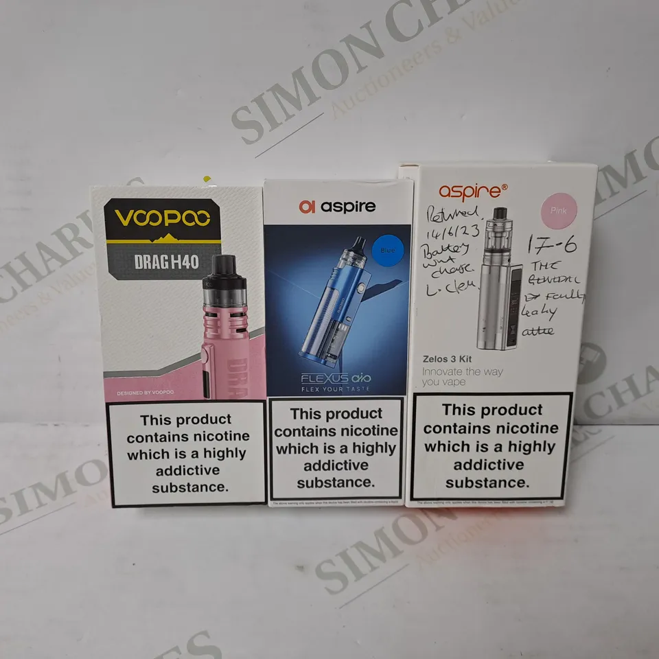 3 ASSORTED VAPE KITS TO INCLUDE VOOPOO DRAG H40, ASPIRE FLEXUS AIO, ASPIRE ZELOS 3 