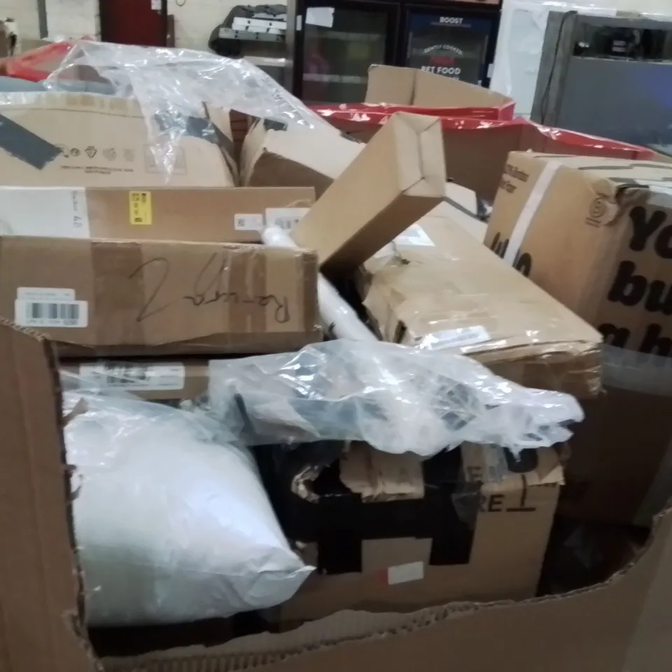 PALLET OF ASSORTED HOUSEHOLD GOODS AND PRODUCTS TO INCLUDE;LAUNDRY BASKET,BACKPACK,WALKING CRUTCHES 