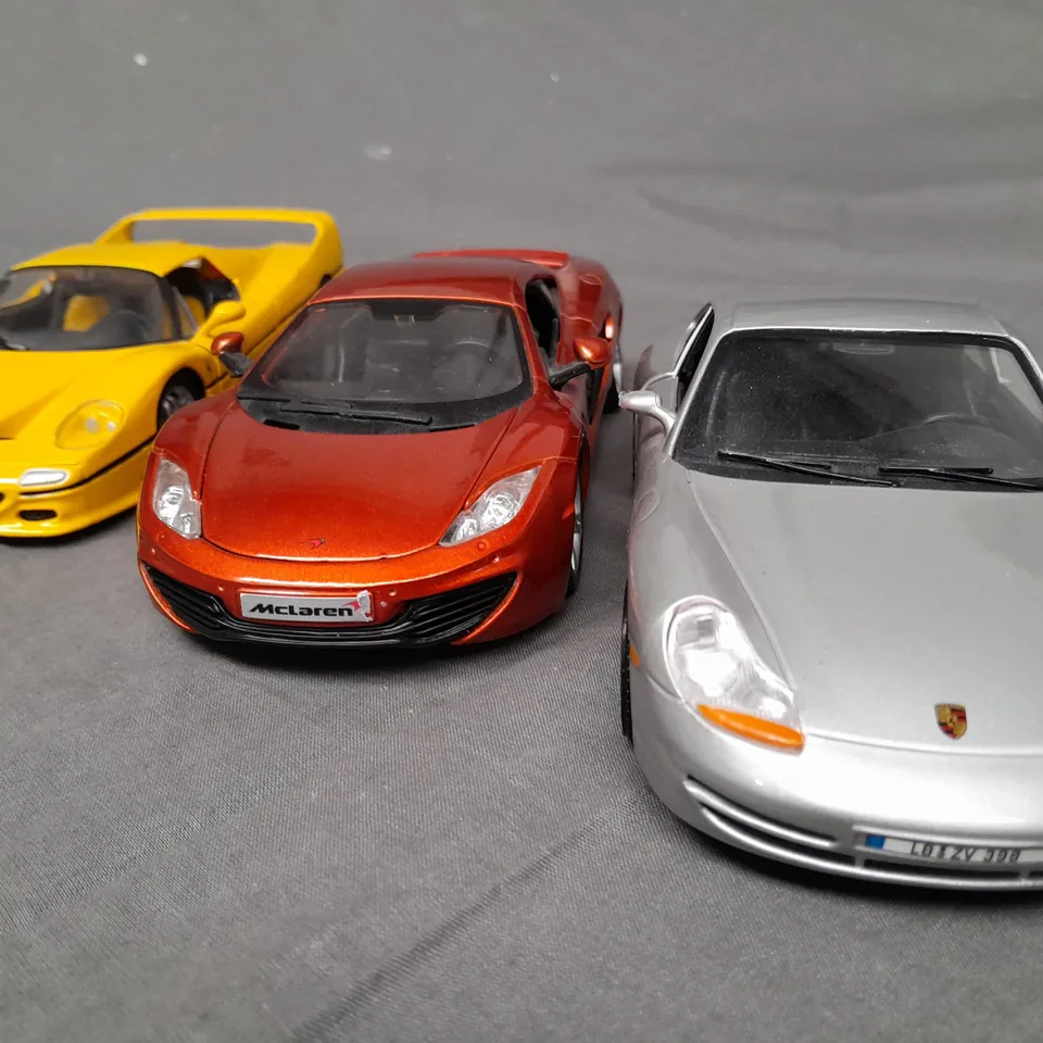SET OF 3 BURAGO MODEL CARS TO INCLUDE MCLAREN, PORSHE AND FERRARI