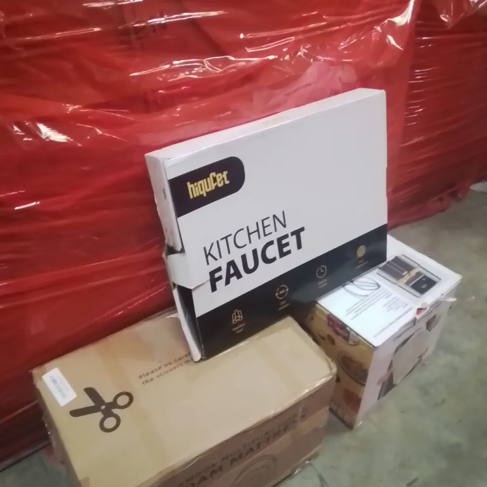 PALLET OF ASSORTED HOUSEHOLD GOODS AND PRODUCTS TO INCLUDE;KITCHEN FAUCET,FOAM MATTRESS,AIR FRYER 