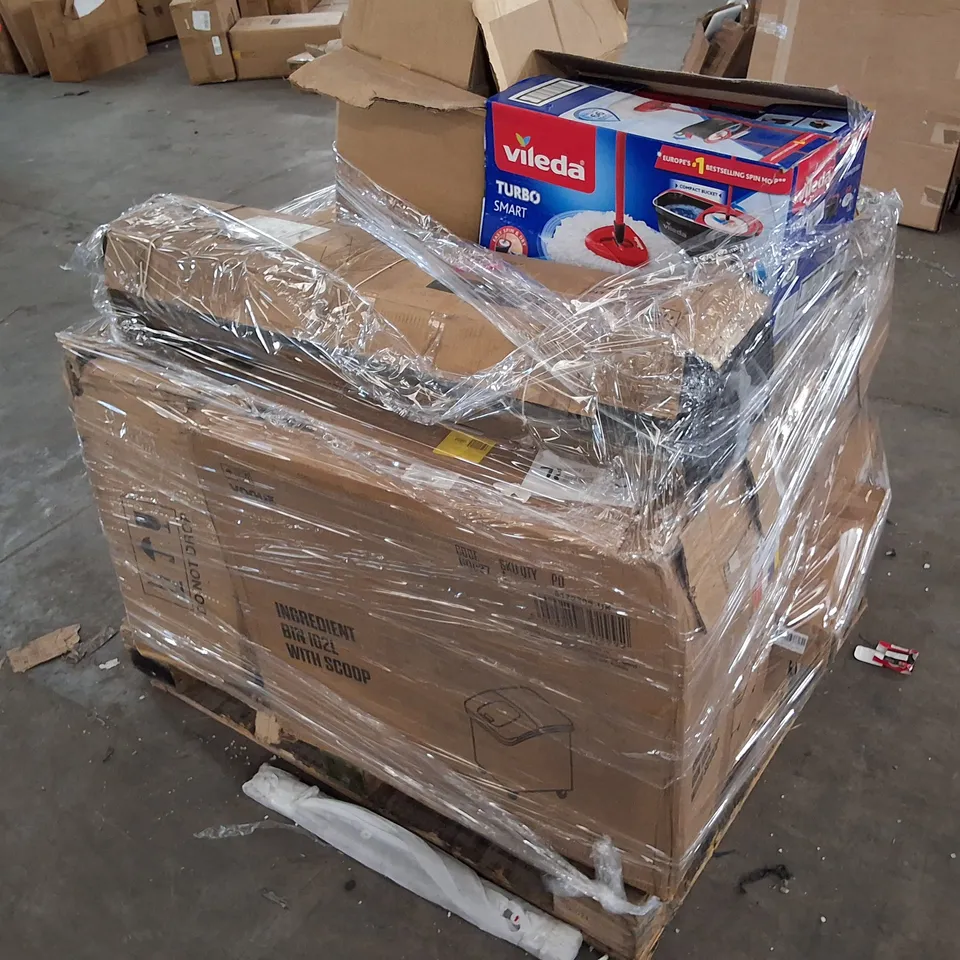 PALLET CONTAINING ASSORTED PRODUCTS INCLUDING INGREDIENT BIN, GAZEBO & VILEDA TURBO SMART SPIN MOP