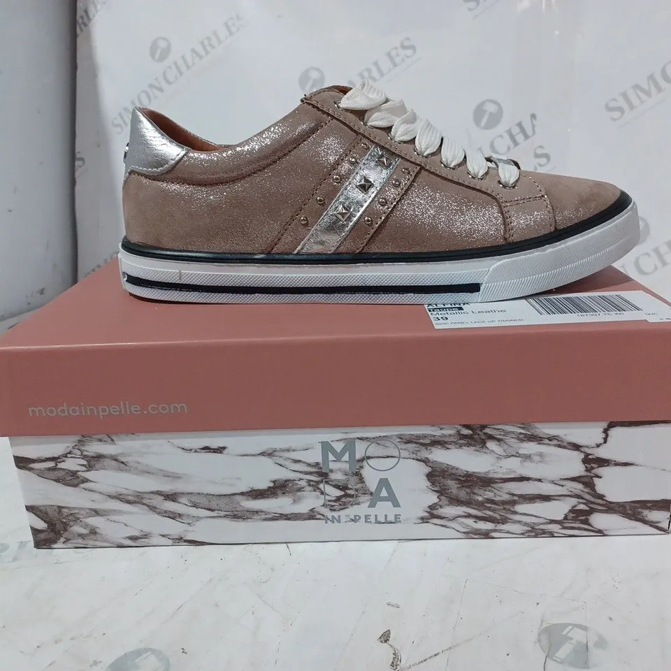 BOXED ALFINA TAUPE METALLIC LEATHER TRAINER SIZE 6