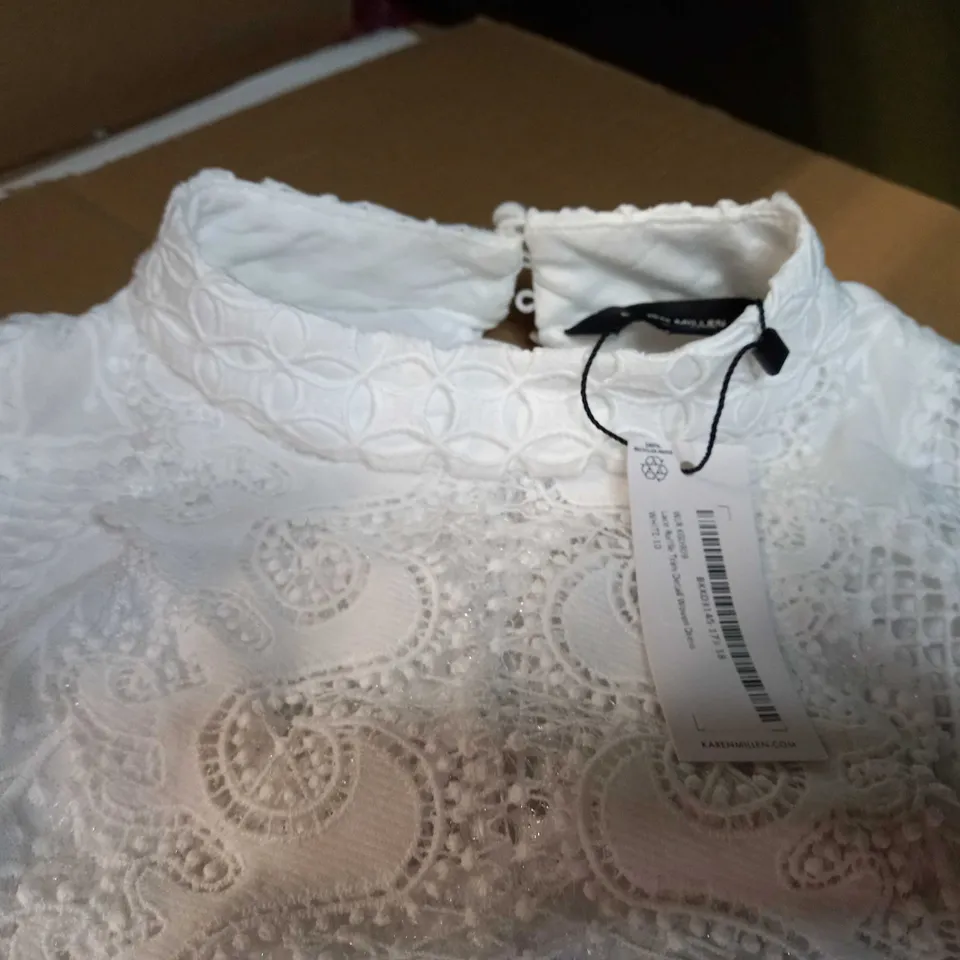 KAREN MILLEN WHITE LACE RUFFLE TRIM DETAILED WOVEN DRESS - SIZE 10