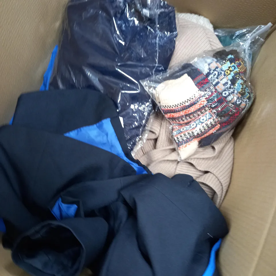 BOX OF APPROXIMATELY 20 CLOTHING ITEMS TO INCLUDE MERMAID TAIL, ASOS CARDIGAN, JEANS ETC