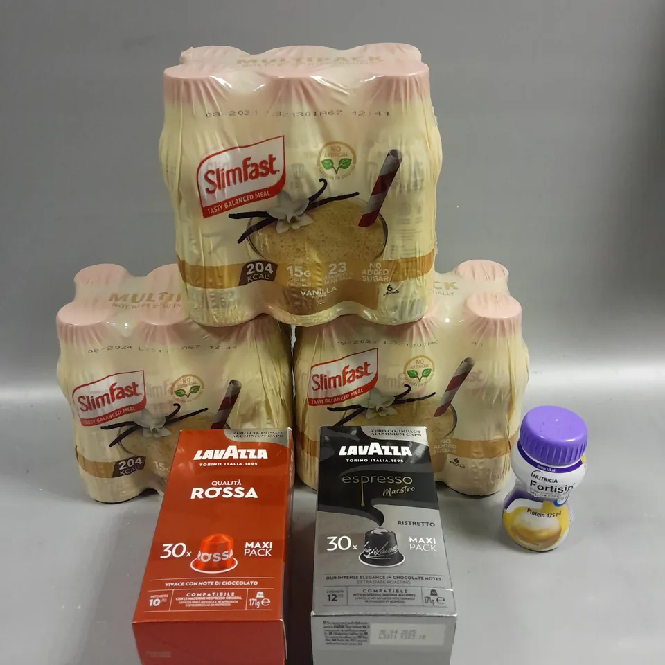 APPROXIMATELY 6 ASSORTED FOOD & DRINK PRODUCTS TO INCLUDE LAVAZZA COFFEE, SLIMFAST SHAKES & NUTRICIA PROTEIN DRINK 