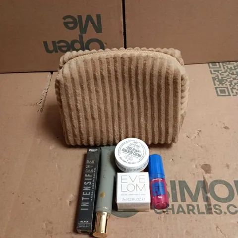 5 ITEM ASSORTED COSMETIC GIFT SET WITH BROWN VANITY BAG TO INCLUDE EVE LOM, BPERFECT ETC