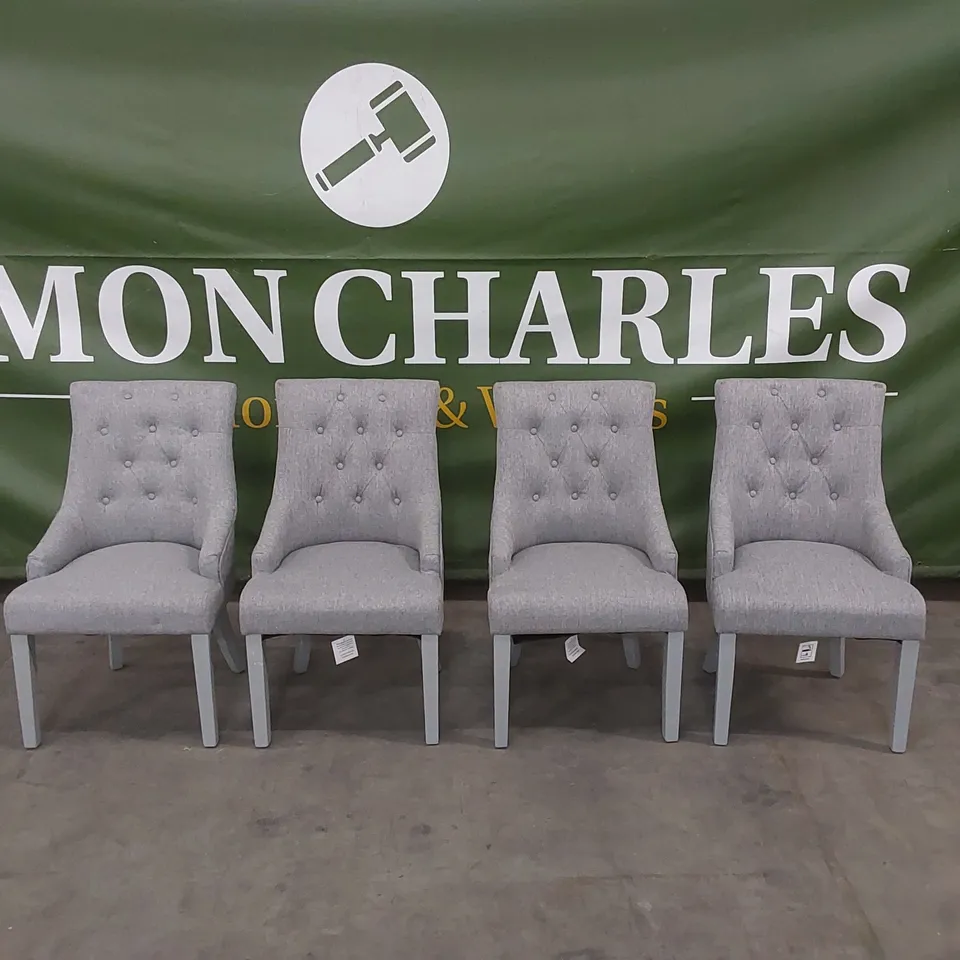 SET OF 4 DUKE LIGHT GREY FABRIC BUTTON BACK DINING CHAIRS 