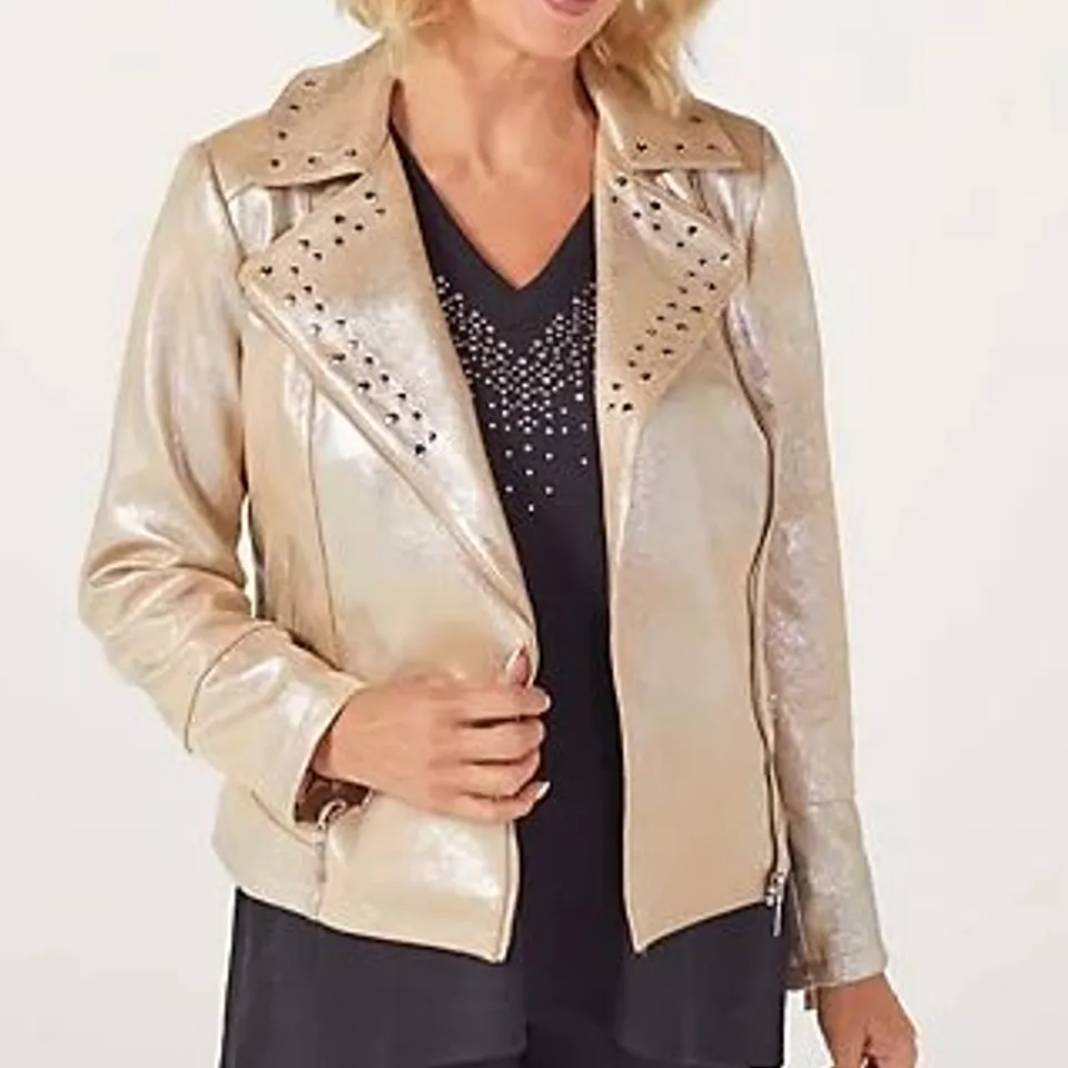 PALLET OF APPROXIMATELY 110 BRAND NEW JM FASHION BY JULIEN MACDONALD METALLIC BIKER JACKET  BEIGE/SILVER SIZE 16
