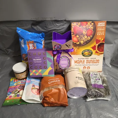 APPROXIMATELY 14 ASSORTED FOOD & DRINK ITEMS TO INCLUDE - CARTWRIGHT & BUTLER CHAMPAGNE TRUFFLES - CHOCOCO BUNNY - HOBNOBS OATY CHOCOLATE BISCUITS - ETC