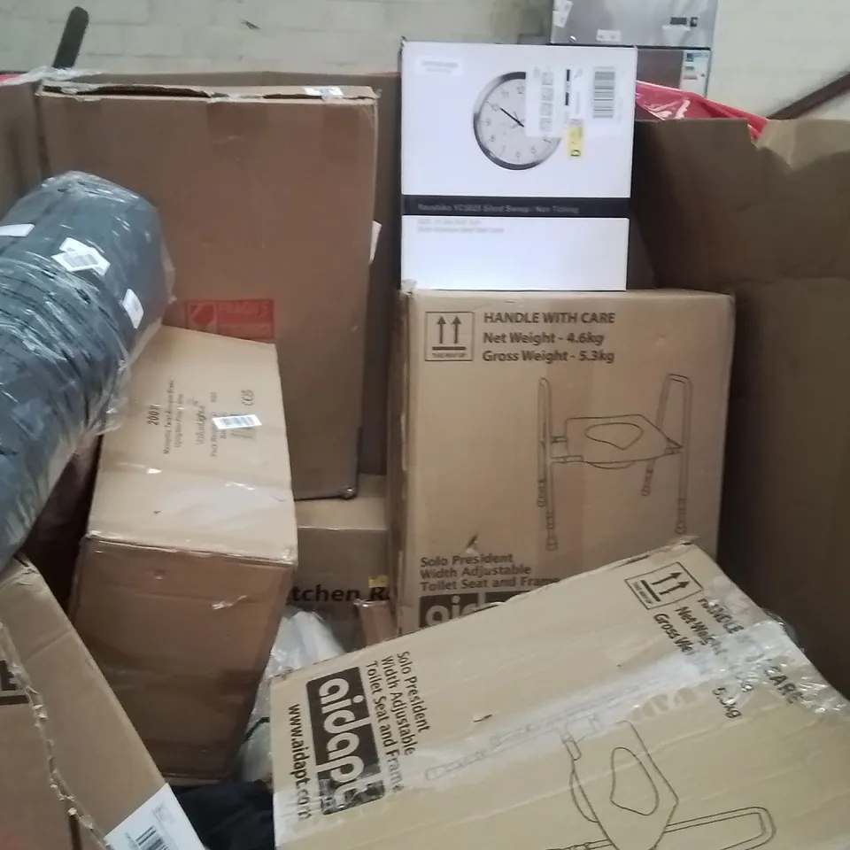 PALLET CONTAINING VARIOUS ASSORTED BOXED HOUSEHOLD ITEMS TO INCLUDE:  ADJUSTABLE TOILET SEAT WITH FRAMES WALL CLOCK UPRIGHT FLOOR LAMPAND LOTS MORE UNMARKED BOXED ITEMS 
