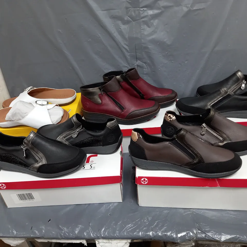 BOX OF FIVE ASSORTED PAIRS OF SHOES TO INCLUDE STRIVE WHITE SANDALS SIZE 6 , ETC