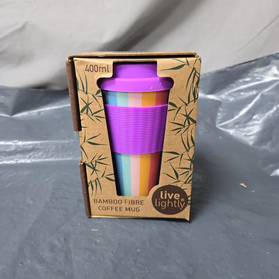 LIVE KINDLY BAMBOO FIBRE COFFEE MUG – 400ML, MULTICOLOUR WITH PURPLE SILICONE LID