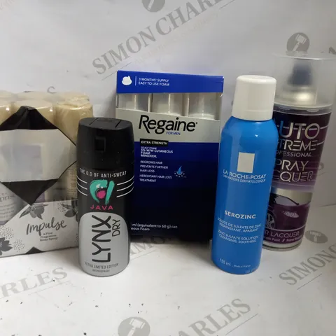 BOX OF APPROX 20 ASSORTED AEROSOLS INCLUDING REGAINE FOR MEN, LYNX JAVA AND LA ROCHE POSAY SEROZINC - COLLECTION ONLY