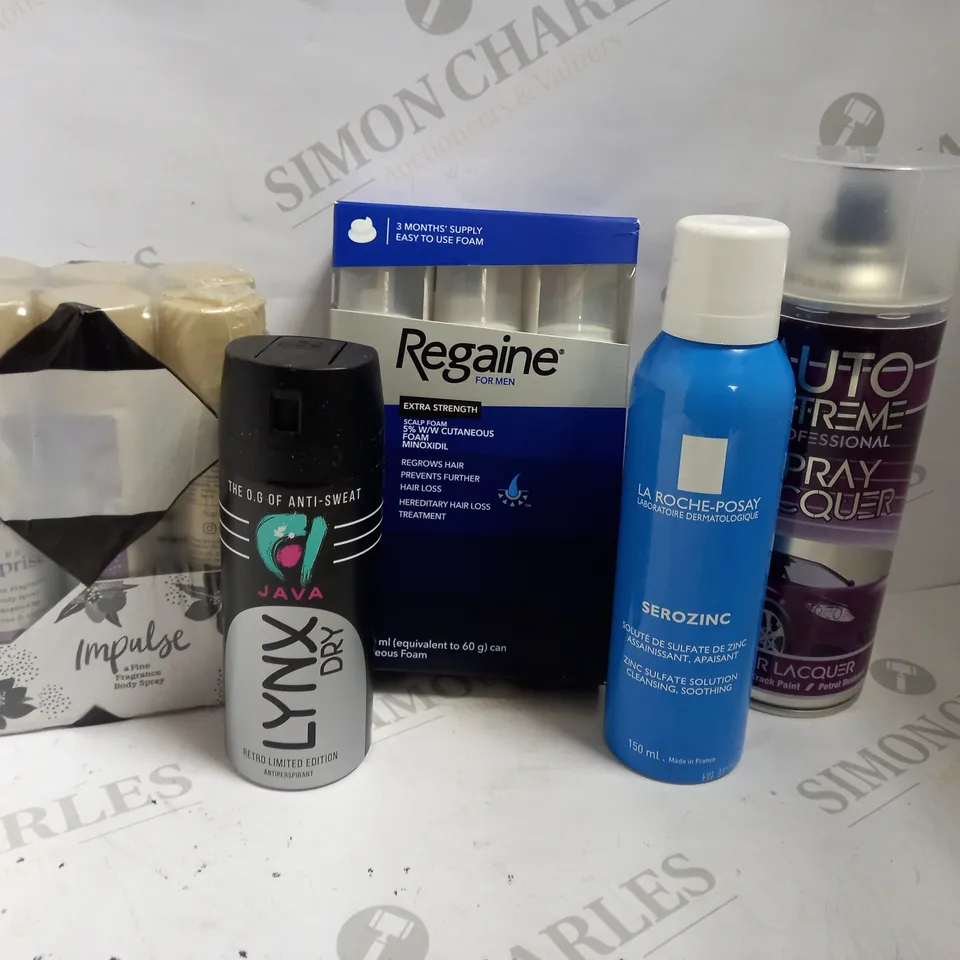 BOX OF APPROX 20 ASSORTED AEROSOLS INCLUDING REGAINE FOR MEN, LYNX JAVA AND LA ROCHE POSAY SEROZINC - COLLECTION ONLY