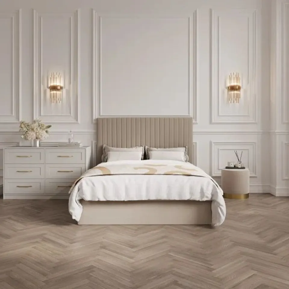 BOXED HUCKSLEY UPHOLSTERED OTTOMAN STORAGE BED - BEIGE (2 BOXES)