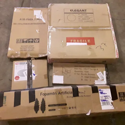 PALLET OF ASSORTED PRODUCTS INCLUDING MAGNETIC WHITEBOARD, LED MIRROR, SIDE TABLE, ARTIFICIAL PLANTS, UNIVERSAL MICROWAVE TURNTABLE