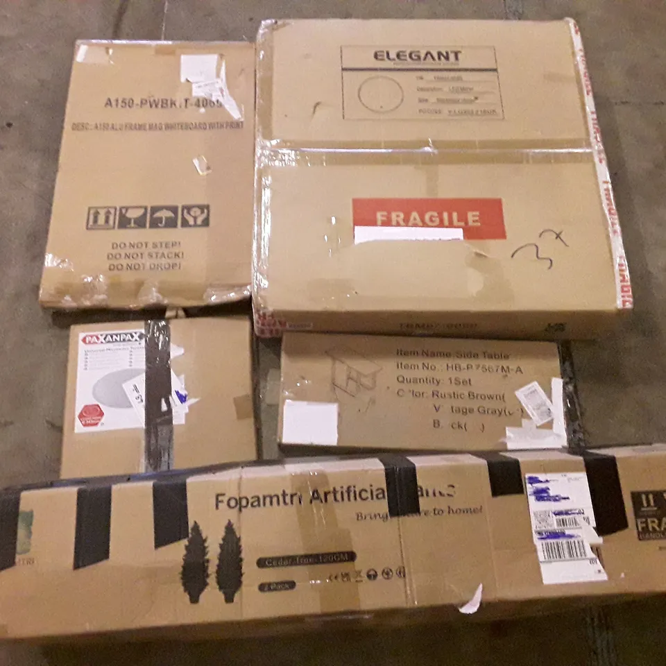 PALLET OF ASSORTED PRODUCTS INCLUDING MAGNETIC WHITEBOARD, LED MIRROR, SIDE TABLE, ARTIFICIAL PLANTS, UNIVERSAL MICROWAVE TURNTABLE