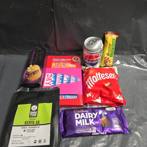 APPROXIMATELY 10 ASSORTED FOOD ITEMS TO INCLUDE - TONYS CHOCOLATE, GROUND COFFEE AND PROTEIN BARS
