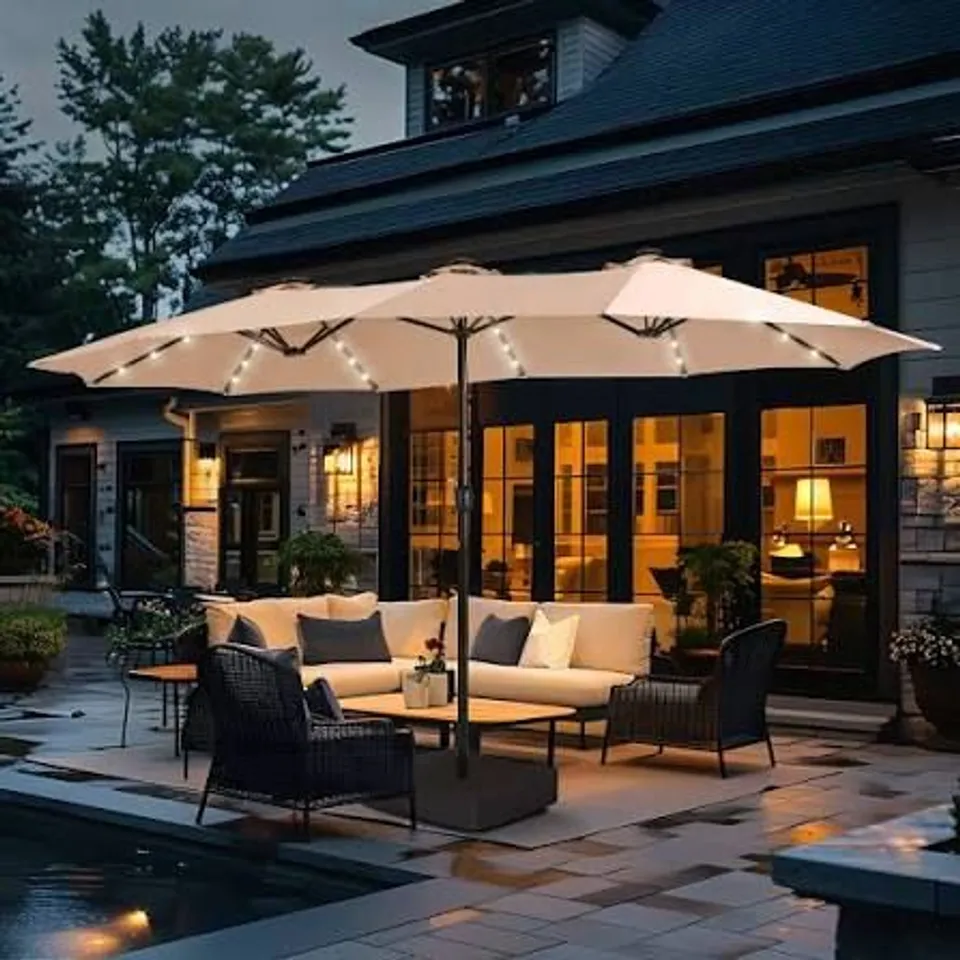 BOXED SUNSHINE VALLEY 15-FEET STEEL BEIGE NO-TILT MARKET PATIO UMBRELLA WITH LIGHTS