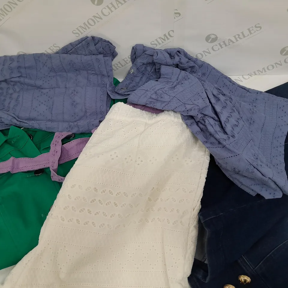 BOX OF ASSORTED CLOTHING ITEMS DIFFERENT COLOURS AND SIZES, JACKETS TOPS PANTS 