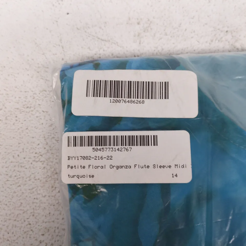 W COLLECTION PETITE FLORAL ORGANZA FLUTE SLEEVE MIDI DRESS – UK 14 (EU 42) TURQUOISE