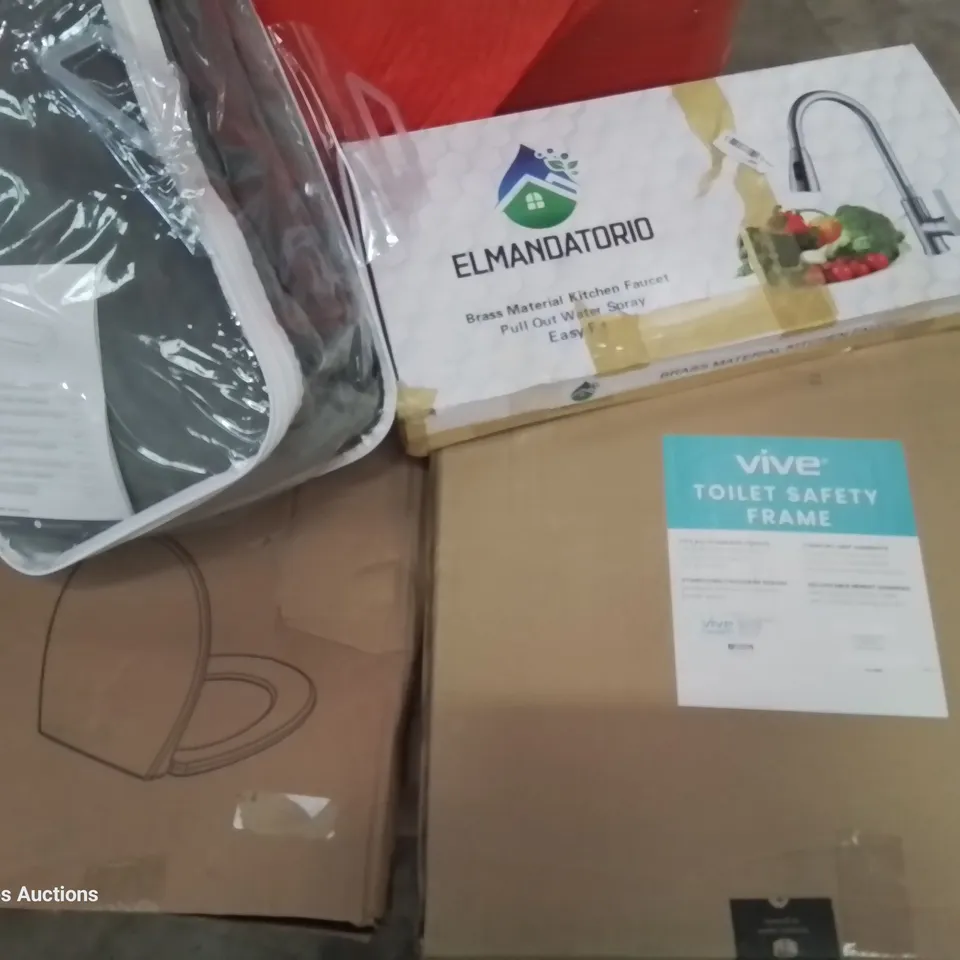 PALLET OF ASSORTED ITEMS TO INCLUDE, POP UP SUN SHADE, UMBRELLA, ELECTRIC BLANKET, PULL OUT KITCHEN MIXER TAP, TOILET SAFETY FRAME, TOILET SEAT, OFFICE CHAIR.