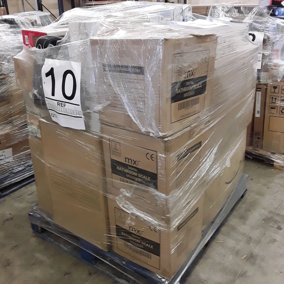 PALLET OF ASSORTED ITEMS INCLUDING HP LASERJET PRINT CARTRIDGES, HP COLOUR LASERJET PRO PRINTER, DIGITAL BATHROOM SCALES, TONER BOXES, LAPTOP BRIEFCASES   