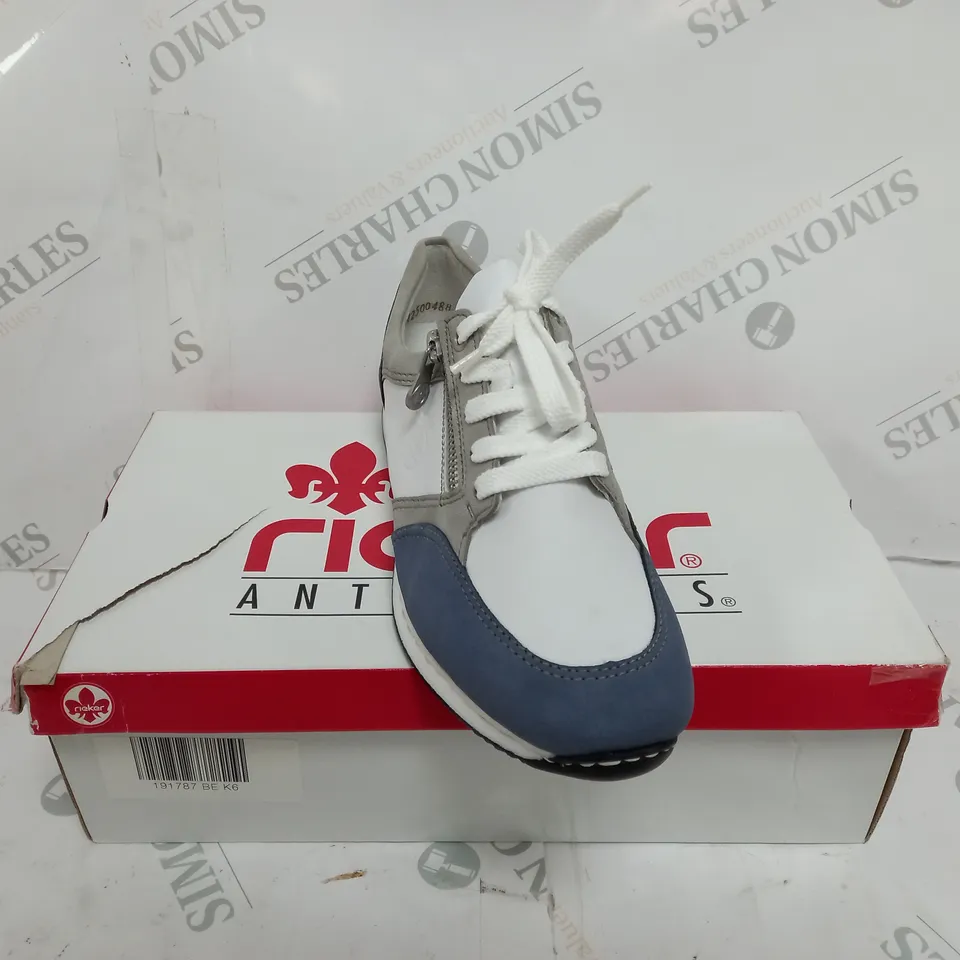 BOXED PAIR OF RIEKER SNEAKERS WITH REMOVABLE INSOLE COMBINATION BLUE UK SIZE 6