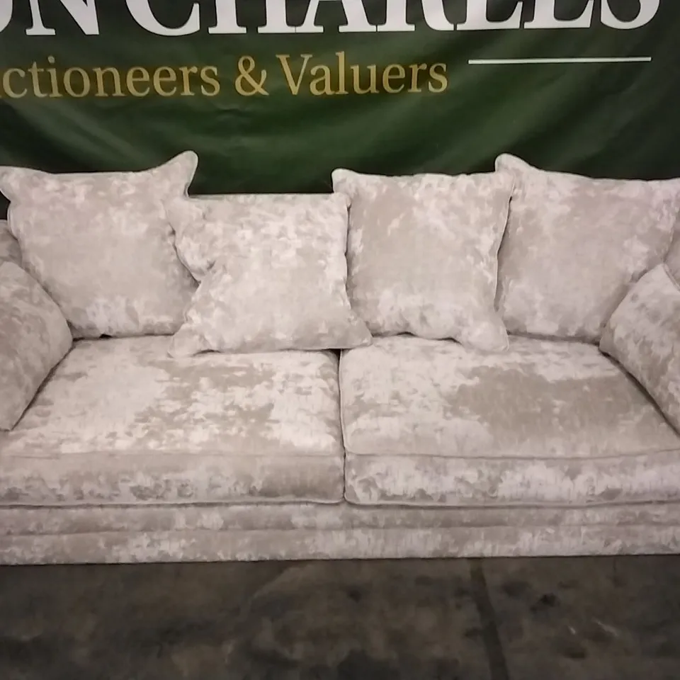 QUALITY DESIGNER CREAM PLUSH FABRIC 3 SEATER SOFA WITH SCATTERBACK CUSHIONS
