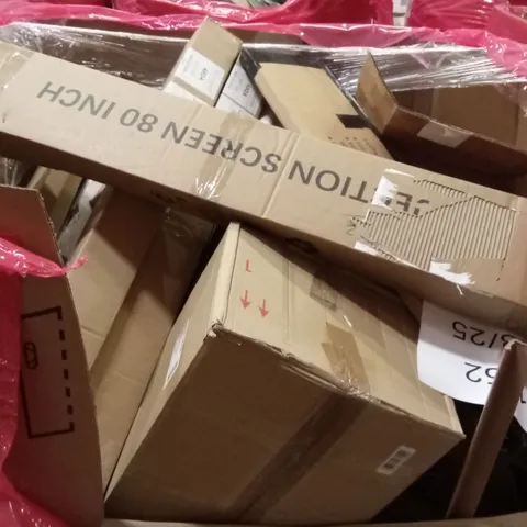 PALLET OF ASSORTED HOUSEHOLD GOODS AND PRODUCTS TO INCLUDE; PROJECTION SCREEN, BOXED FURNITURE ETC 