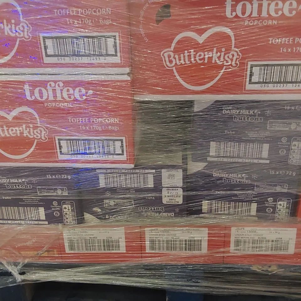 PALLET TO CONTAIN A MIXED ASSORTMENT OF BOXED SWEATS AND CONFECTIONERY ITEMS TO INCLUDE; BUTTERKIST TOFFEE POPCORN, CADBURY DAIRY MILK BUTTONS, LINDOR ORANGE BARS