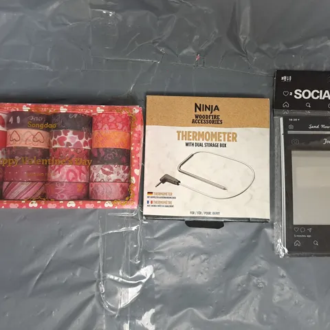 APPROXIMATELY 15 ASSORTED HOUSEHOLD ITEMS TO INCLUDE NINJA THERMOMETER, VALENTINE'S DAY MASKING TAPE, ETC