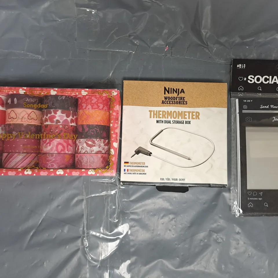 APPROXIMATELY 15 ASSORTED HOUSEHOLD ITEMS TO INCLUDE NINJA THERMOMETER, VALENTINE'S DAY MASKING TAPE, ETC