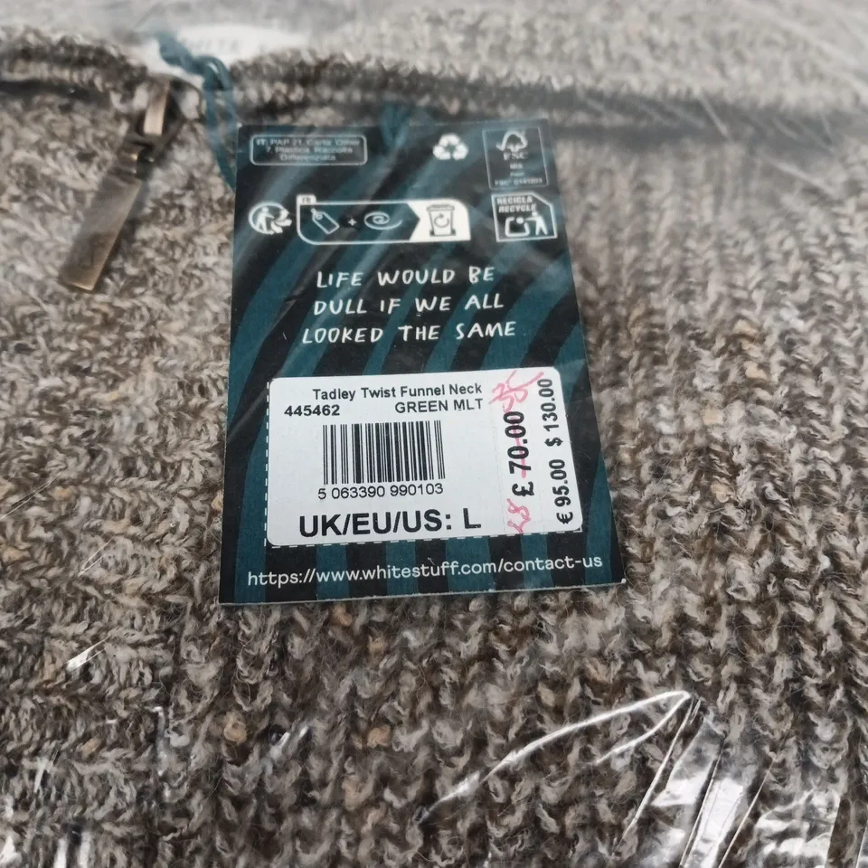 WHITE STUFF TADLEY TWIST FUNNEL NECK KNITWEAR – GREEN MLT, UK SIZE L