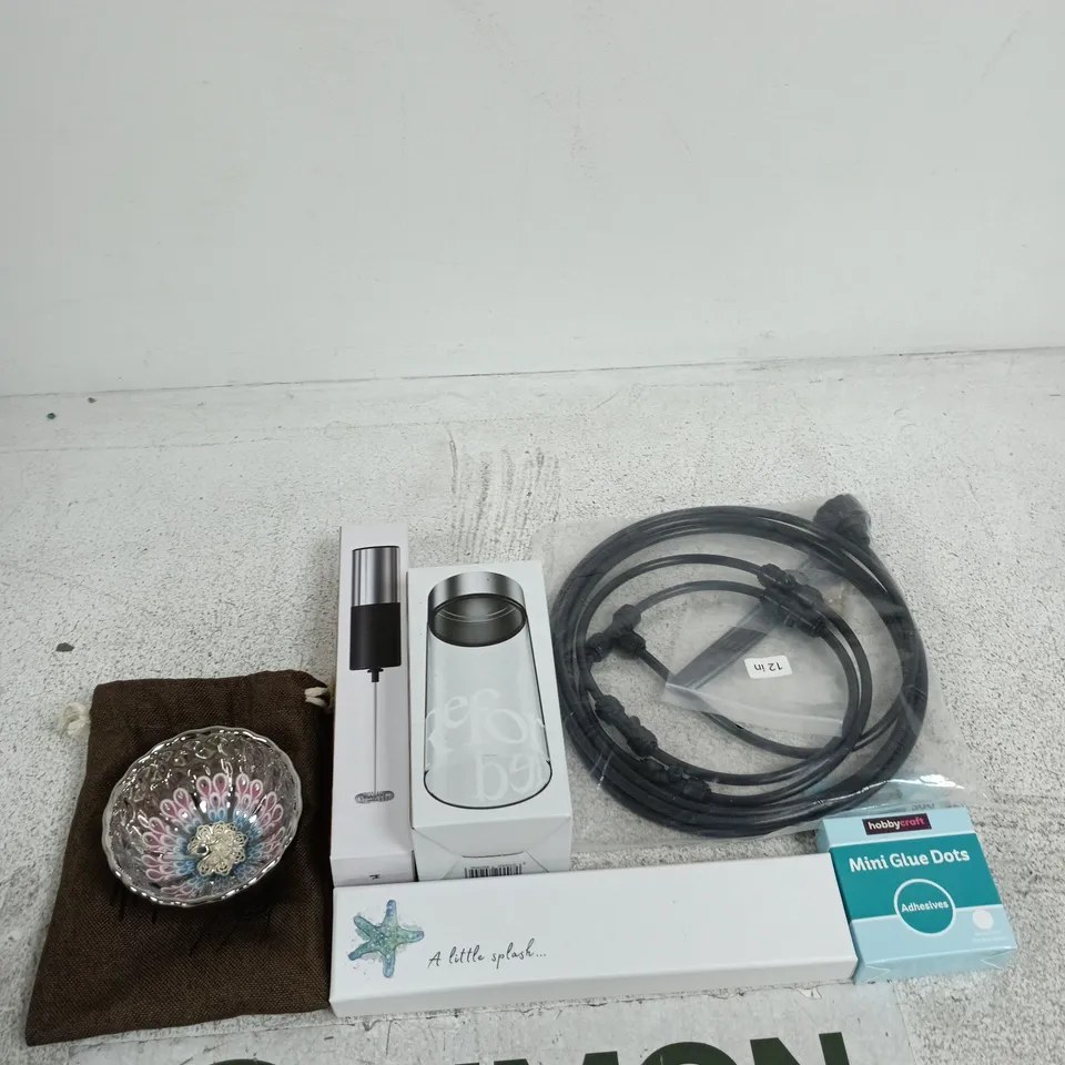 APPROXIMATELY 10 ASSORTED ITEMS INCLUDING HOBBY CRAFT MINI GLUE DOTS, A FAN AND A GLASS BOTTLE BY REFORM