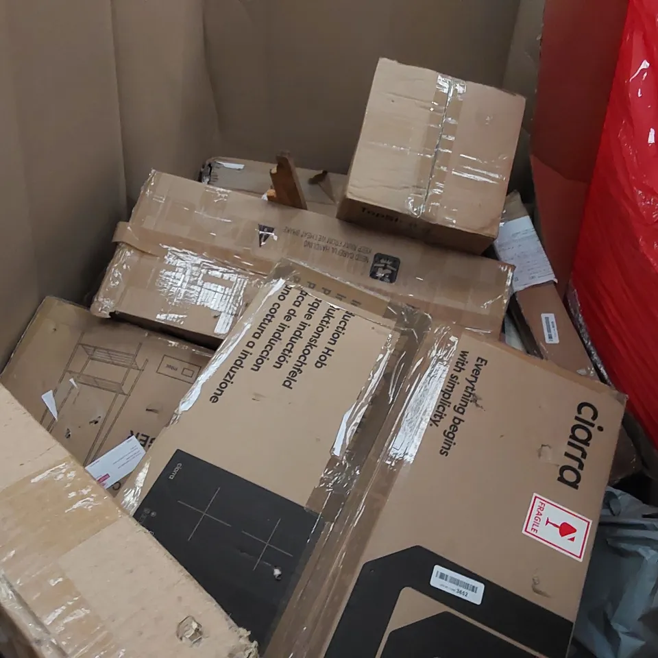 PALLET OF ASSORTED ITEMS INCLUDING: HENRY HOOVER. PORTABLE TOILET SEAT, CAR BOOT TROLLEY, STEP LADDER