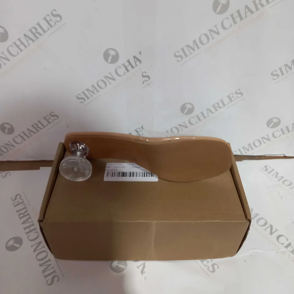 BOXED PAIR OF SEE THROUGH HEELS/BEIGE UNSPECIFIED SIZE - JEWELLED HEEL 