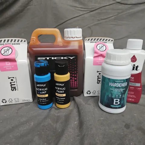 APPROXIMATELY 20 ASSORTED LIQUIDS TO INCLUDE LOVFEN HARDENER, STICKY CLOUDY KRILL LIQUID, SMOL WASHING UP LIQUID, ETC