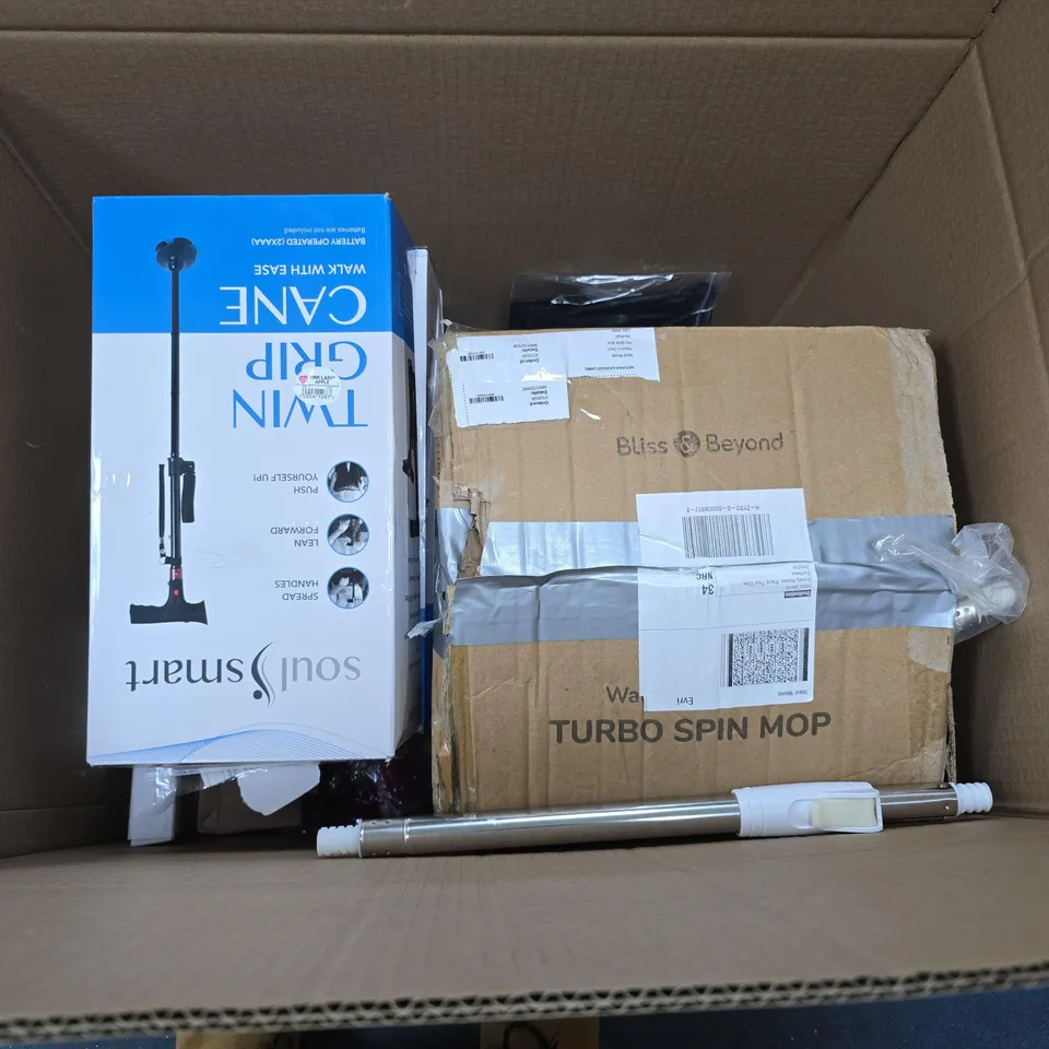 BOX OF APPROXIMATELY 20 HOUSEHOLD ITEMS TO INCLUDE A NOKIA 105 MOBILE PHONE, RAINBOW PROJECTION LAMP AND CLOTHING