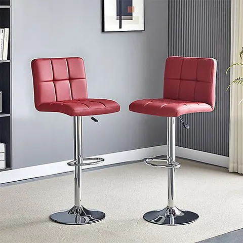 BRAND NEW BOXED SET OF 2 COCO BORDEAUX BAR STOOLS IN FAUX LEATHER WITH CHROME PLATED BASE (1 BOX)