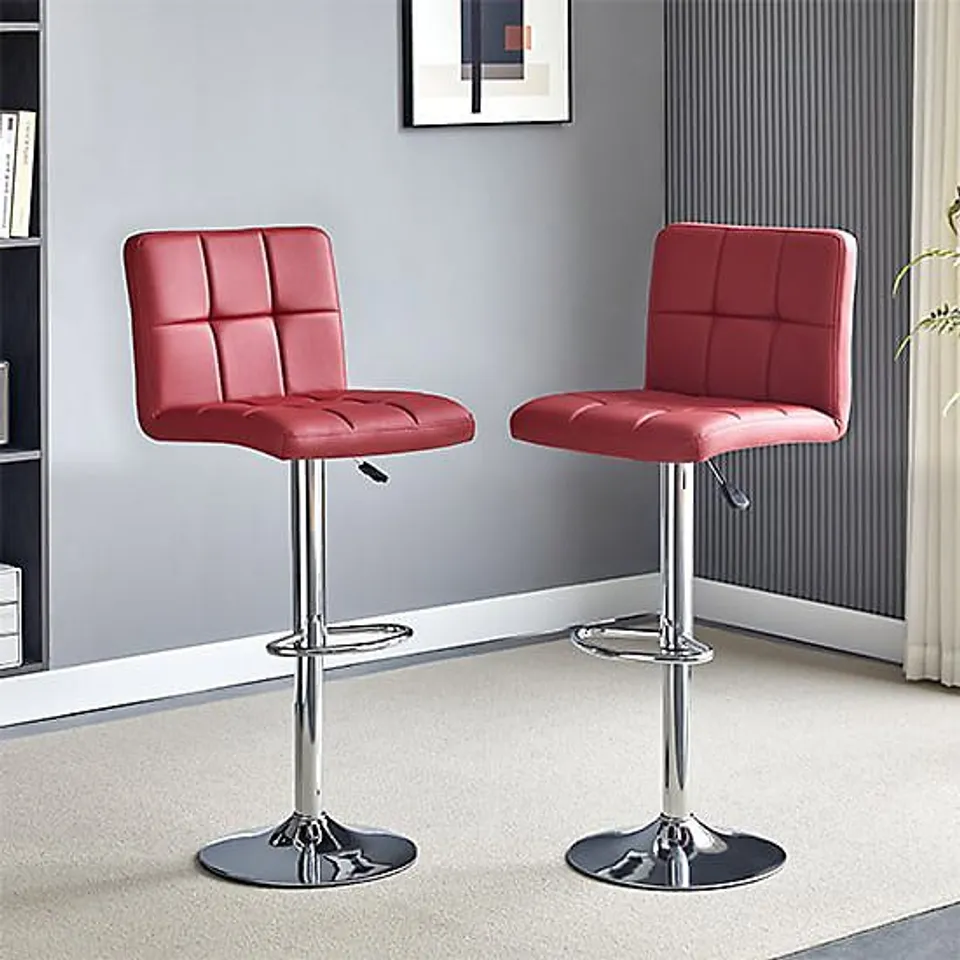 BRAND NEW BOXED SET OF 2 COCO BORDEAUX BAR STOOLS IN FAUX LEATHER WITH CHROME PLATED BASE (1 BOX)