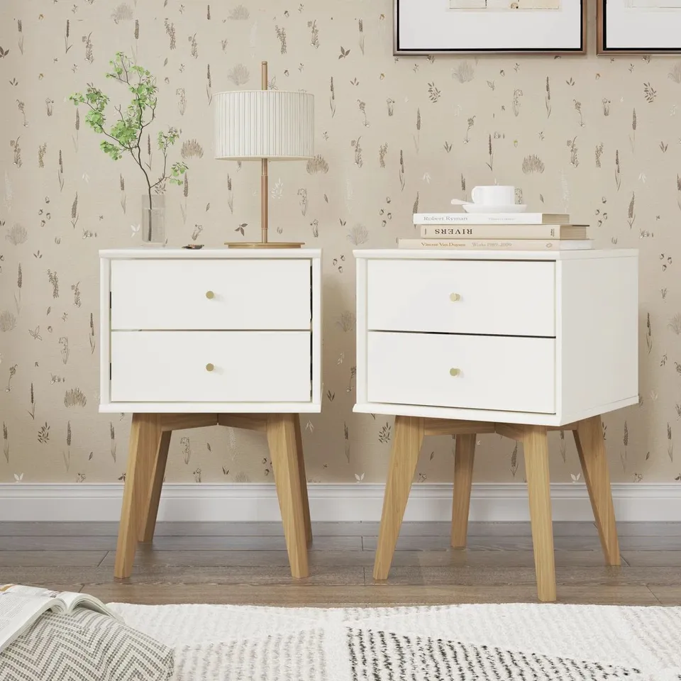 BOXED ABBY MANUFACTURED WOOD BEDSIDE TABLE SETS OF 2 - IVORY/EURO OAK (1 BOX)