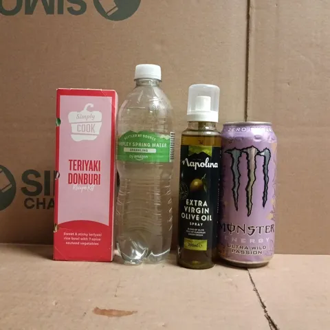 APPROXIMATELY 10 ASSORTED FOOD AND DRINK ITEMS TO INCLUDE SPARKLING SPRING WATER, MONSTER, EXTRA VIRGIN OLIVE OIL, ETC