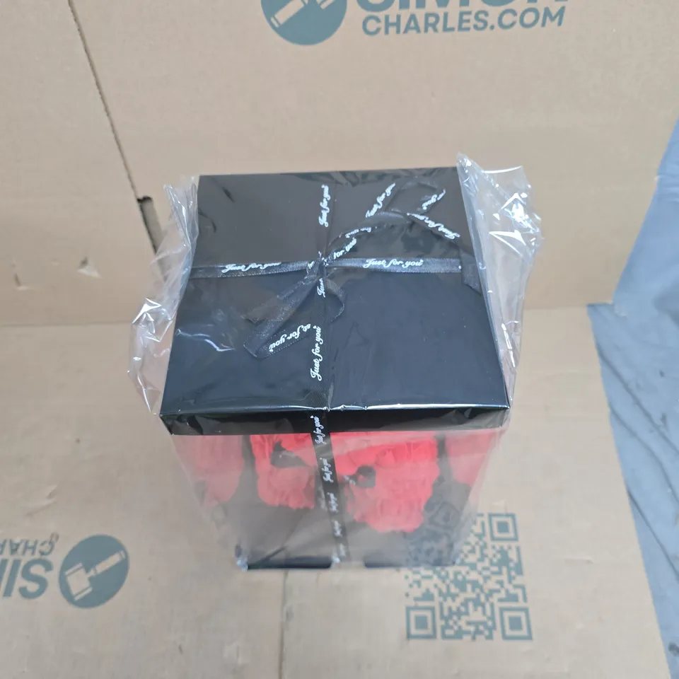 RED ROSE BEAR WITH RIBBON 25CM IN BLACK PRESENTATION BOX