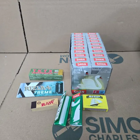 APPROXIMATELY 30 ASSORTED SMOKING RELATED PRODUCTS TO INCLUDE FILTER TIPS, PAPERS ETC 
