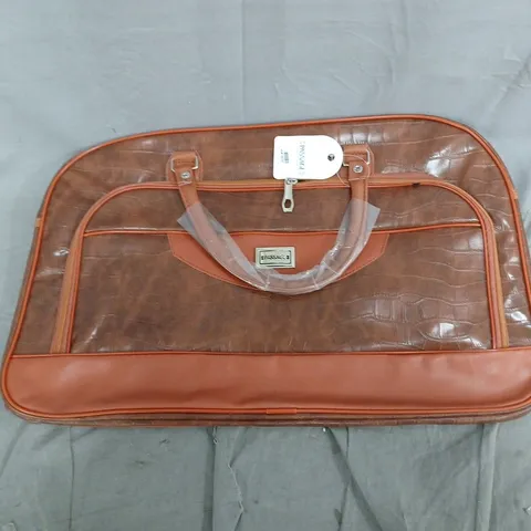 BROWN FAUX CROCODILE-EMBOSSED HANDBAG WITH LEATHER TRIM AND TOP HANDLES 