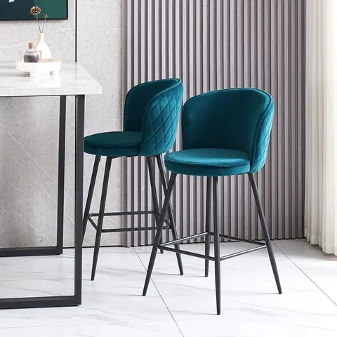 BOXED DELLAPOSTA MODERN VELVET UPHOLSTERED BAR STOOLS IN DARK TEAL - SET OF 2 (1 BOX)